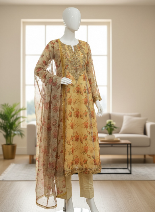 Golden Bloom Organza Shalwar Kameez Set (Large)