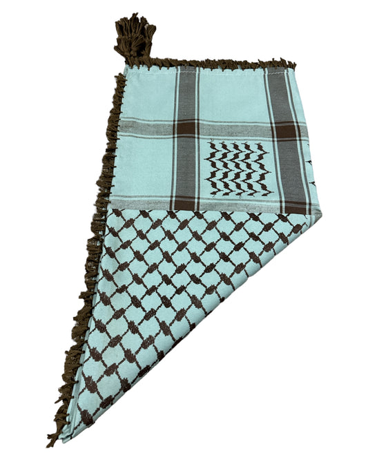 Shami symbolique de Palestine, motif bleu clair et marron chocolat avec tresses Zuhd Shemag 23 