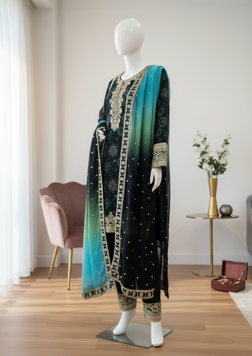Noir Aqua Chiffon Luxe Ensemble (Medium)