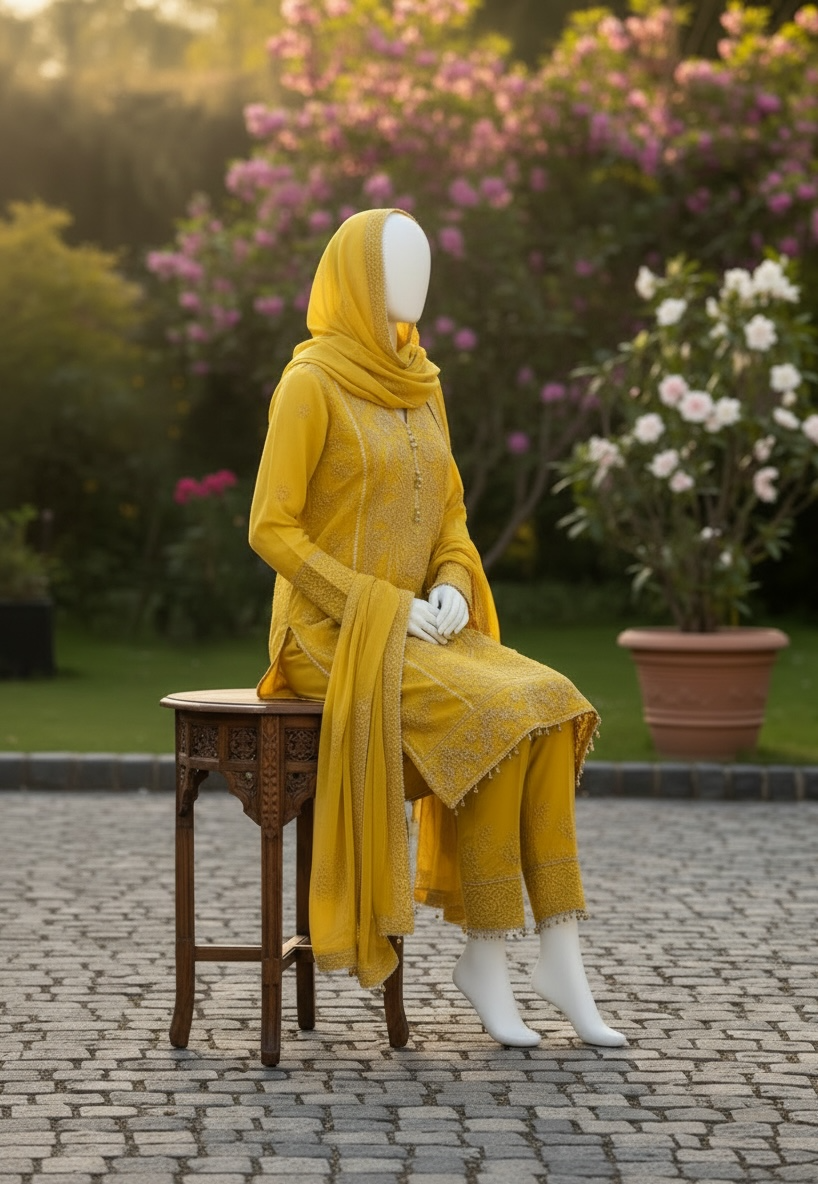 Golden Saffron Chiffon Shalwar Kameez Set (Small)