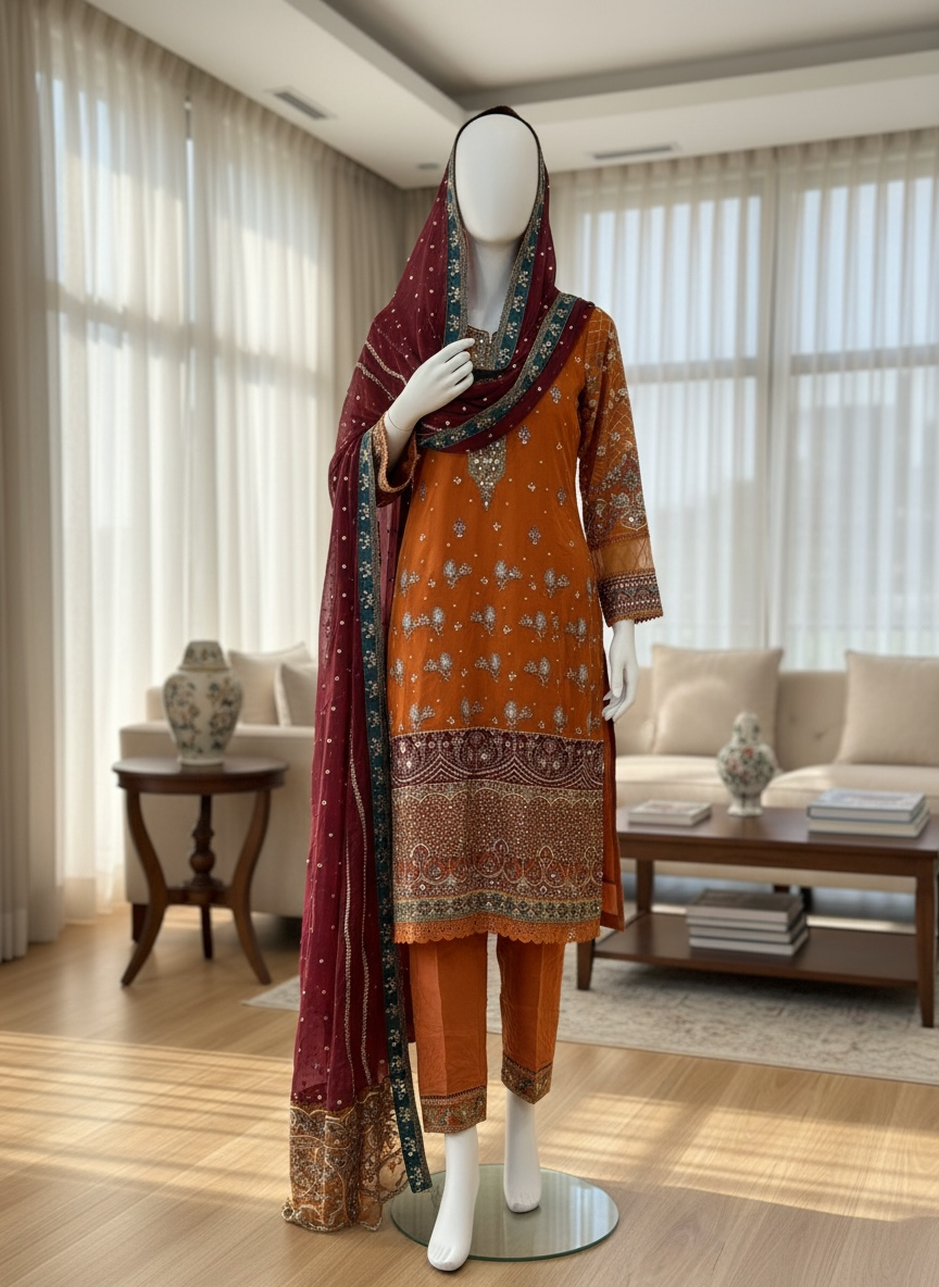 Saffron Maroon Chiffon Shalwar Kameez Set (Large)