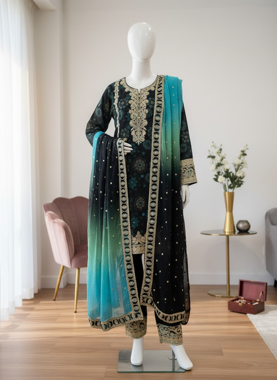 Noir Aqua Chiffon Luxe Ensemble (Medium)