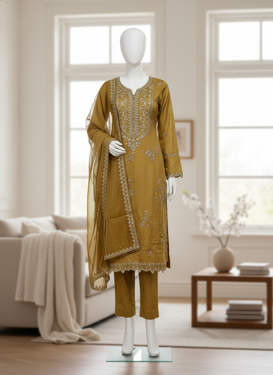 Golden Olive Organza Shalwar Kameez Set (Small)