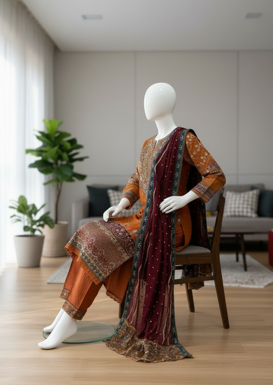 Saffron Maroon Chiffon Shalwar Kameez Set (Large)