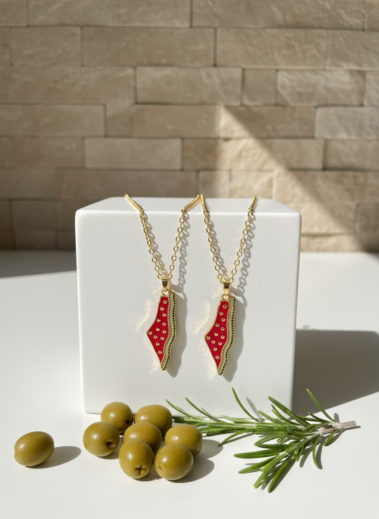 Crimson Map Necklace – Palestine Heritage Edition (Gold Stainless Steel)