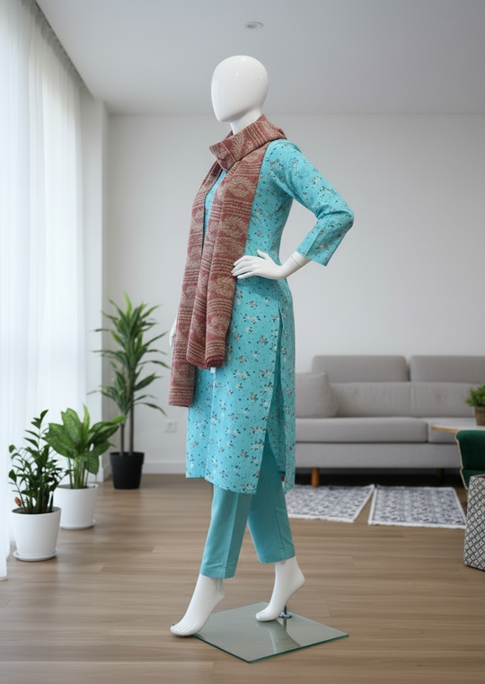 Aqua Rose Printed Lawn Shalwar Kameez Set (Medium)