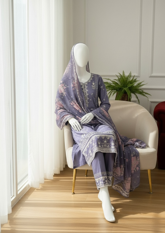 Lavender Rose Jacquard Lawn Shalwar Kameez Set (Large)
