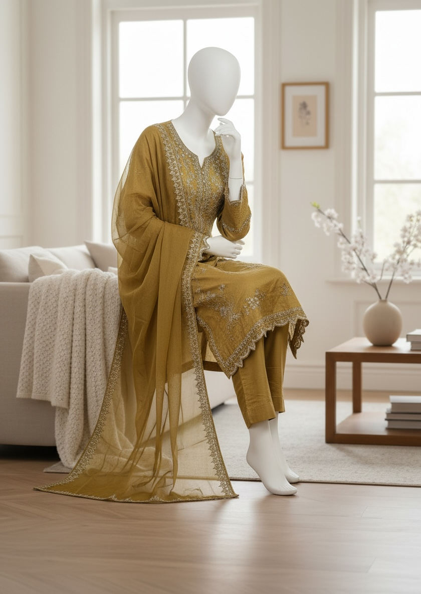 Golden Olive Organza Shalwar Kameez Set (Small)