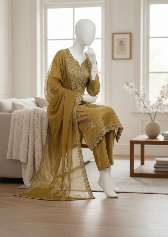 Golden Olive Organza Shalwar Kameez Set (Small)