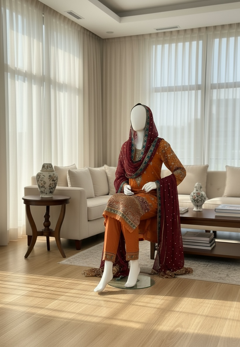 Saffron Maroon Chiffon Shalwar Kameez Set (Large)