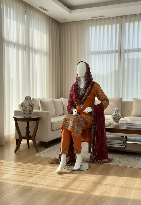 Saffron Maroon Chiffon Shalwar Kameez Set (Large)