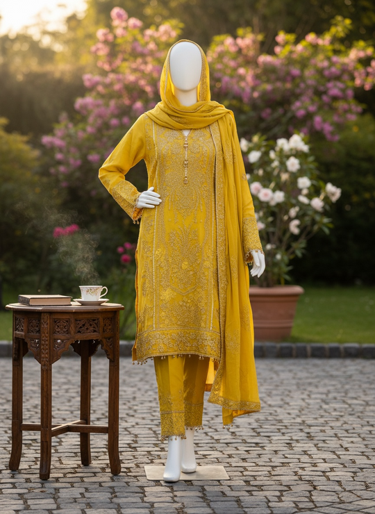 Golden Saffron Chiffon Shalwar Kameez Set (Small)