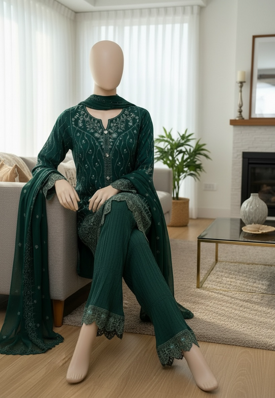 Emerald Noir Chiffon Shalwar Kameez Set (Large)