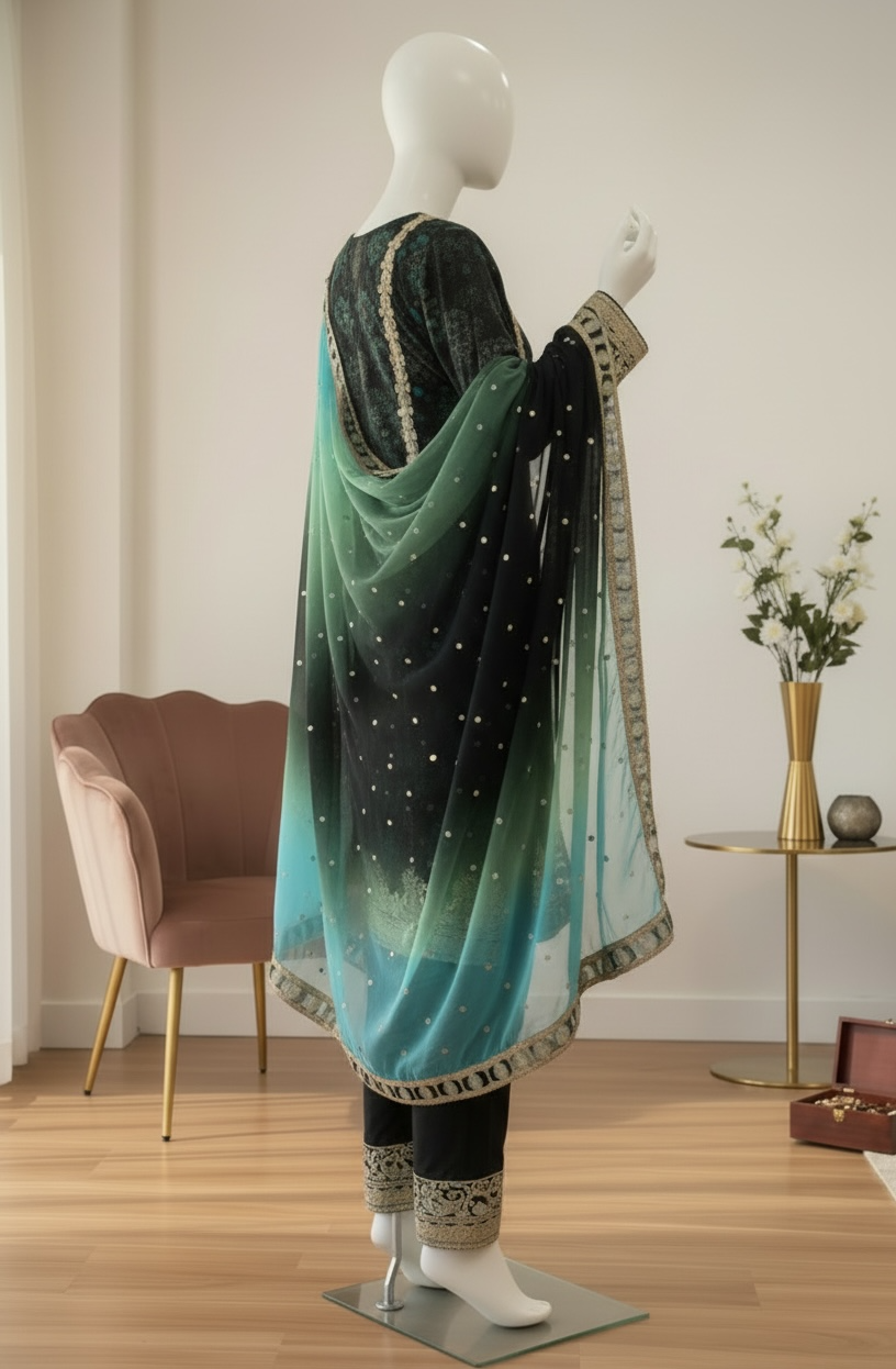 Noir Aqua Chiffon Luxe Ensemble (Medium)