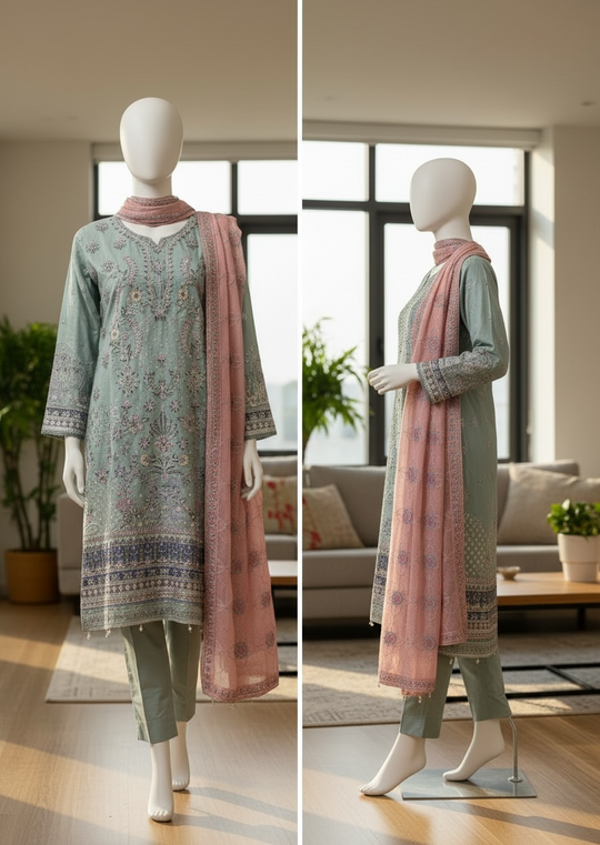 Mint Blush Embroidered Jacquard Lawn Shalwar Kameez Set (Large)