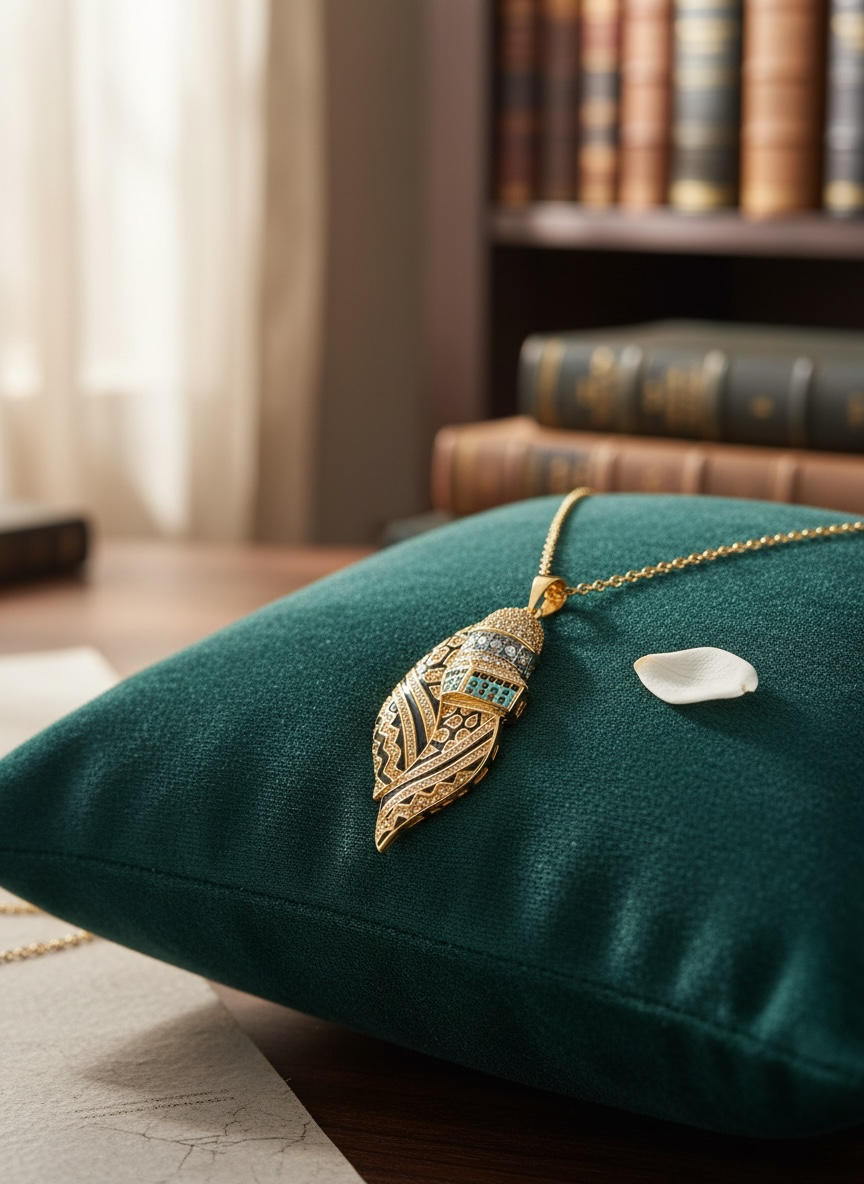 Drapé dans la tradition : collier dôme du rocher en or avec embellissements keffieh et cristal