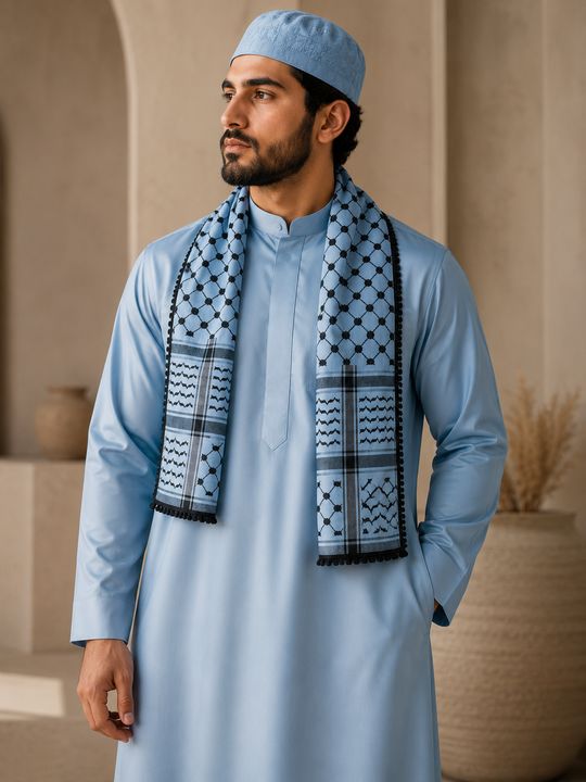 Zuhd Keffiyeh – Sky Blue & Black Pattern