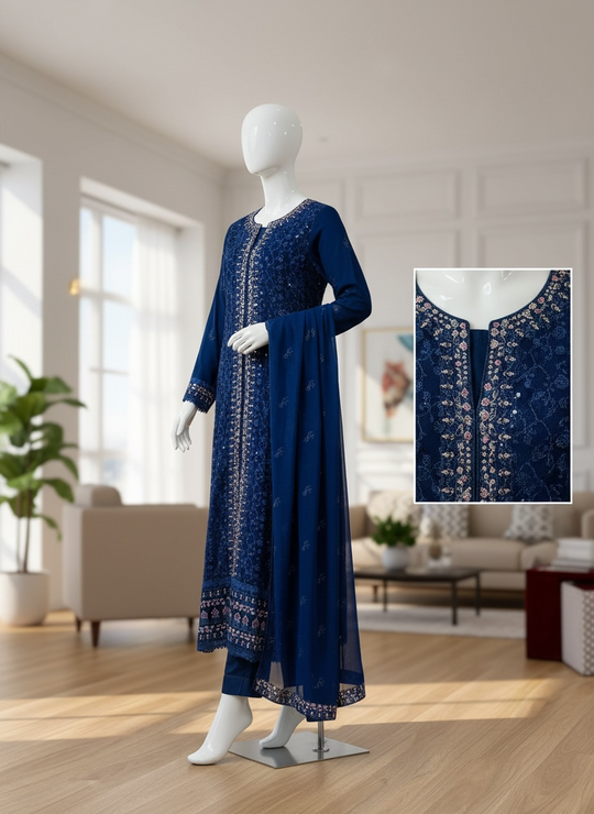 Royal Sapphire Chiffon Embroidered Shalwar Kameez Set (Large)