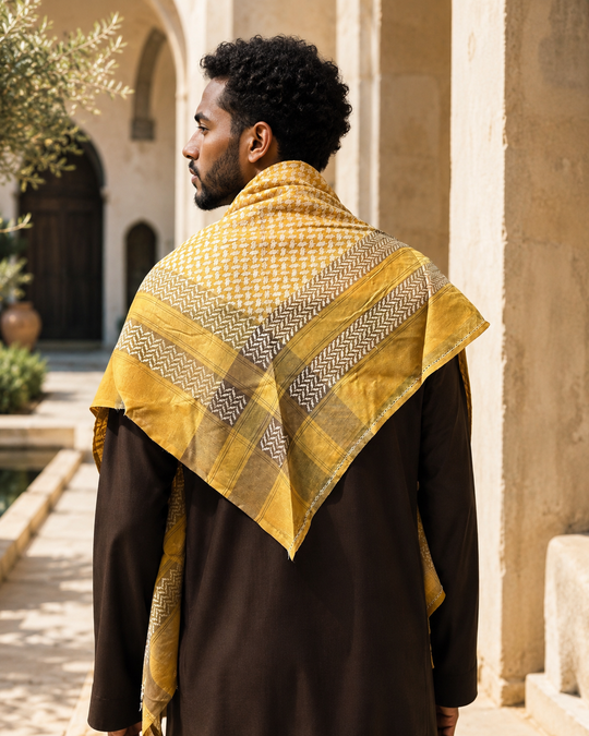 Golden Mustard Shemagh with Brown & White Detailing