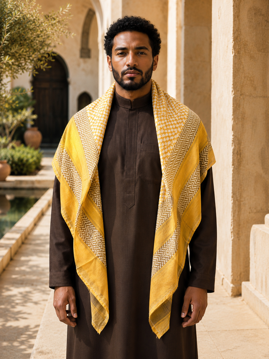 Golden Mustard Shemagh with Brown & White Detailing
