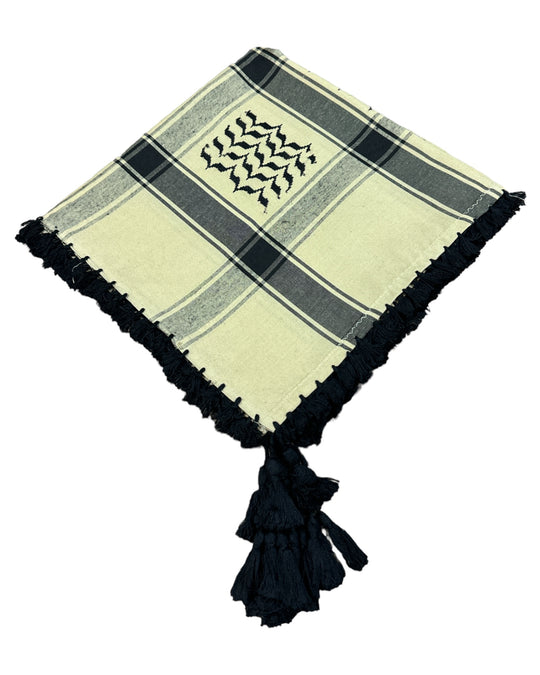 Palestine's Symbolic Shami Tan & Black Pattern Design with Braids Zuhd Shemag 20