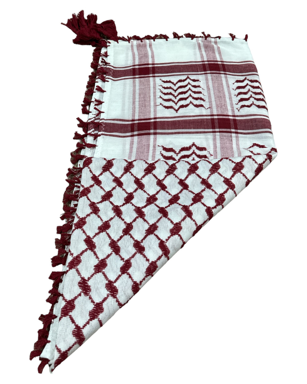 MOTIF SHAMI SYMBOLIQUE DE LA PALESTINE BOURGOGNE FONCÉ ET BLANC AVEC TRESSES ZUHD SHEMAG 77 