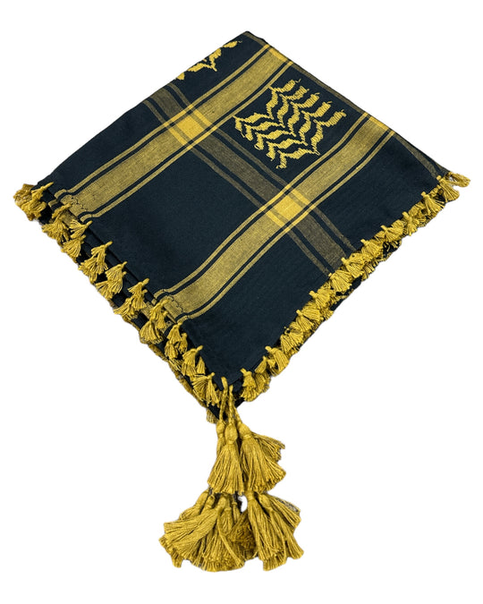 PALESTINE'S SYMBOLIC SHAMI GOLD & BLACK PATTERN DESIGN WITH BRAIDS ZUHD SHEMAG 80