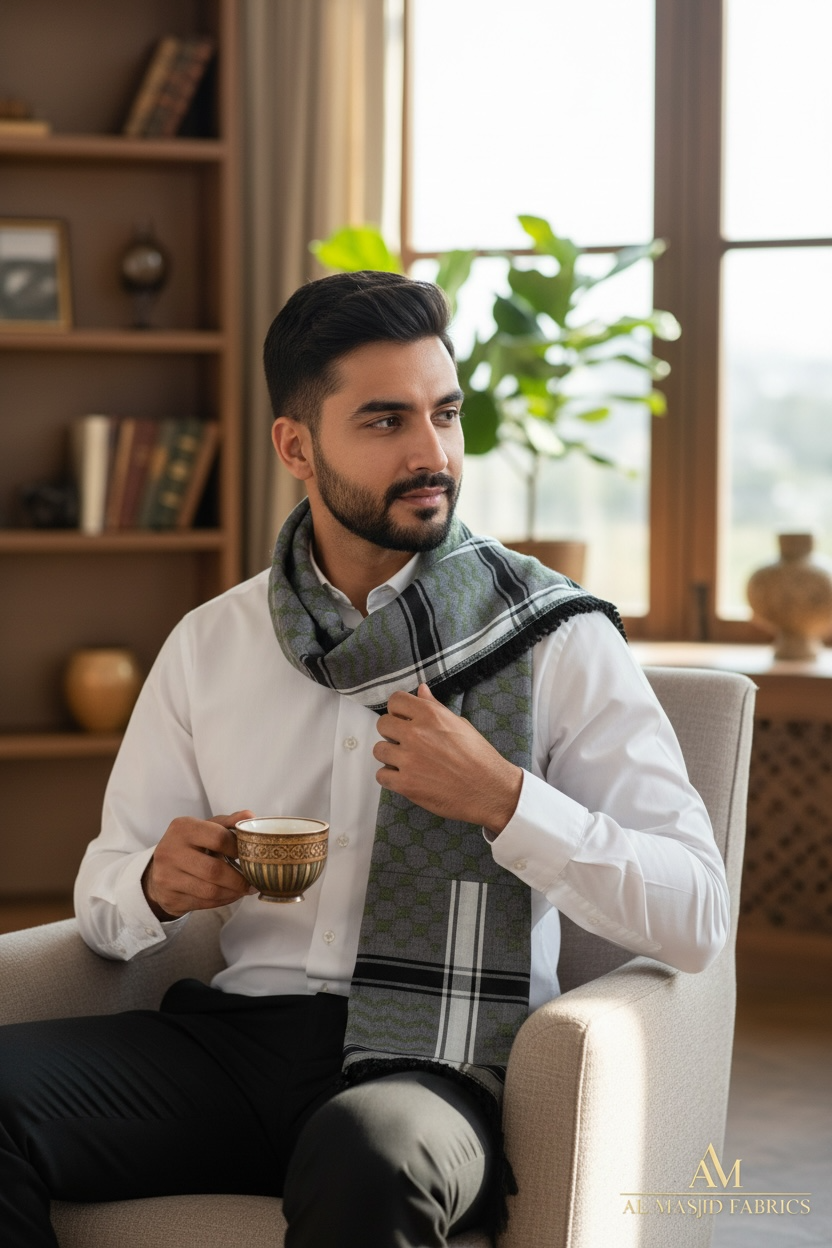 ZUHD KEFFIYEH GREY, WHITE & GREEN PATTERN DESIGN