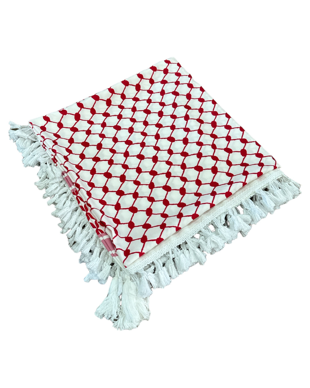 Elegant Palestine Keffiyeh - Red & White with Braids (Polyester)