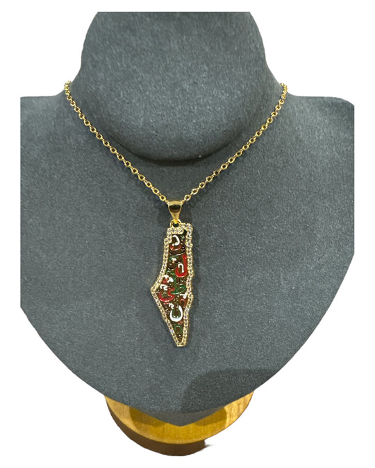 Heart of Homeland: Gold Palestine Map Necklace with Crystal Border