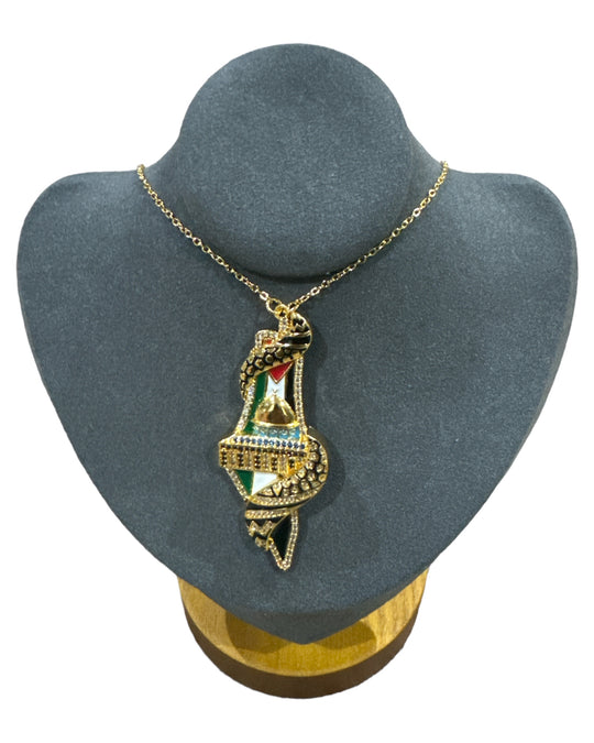 Unité dans le patrimoine : Collier de carte de Palestine en or avec accent Dôme du Rocher et Keffiyeh