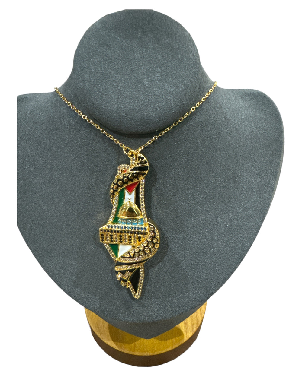 Unité dans le patrimoine : Collier de carte de Palestine en or avec accent Dôme du Rocher et Keffiyeh