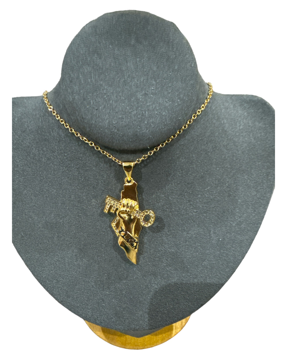 Strength and Legacy: Gold Palestine Map Necklace with Crystal Key & Keffiyeh Accent