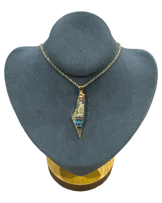 Heritage Illuminated: Gold Palestine Map Necklace with Flag Crystal & Dome of the Rock Detail