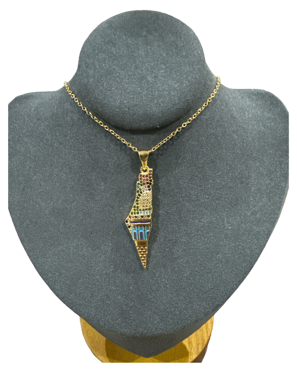 Heritage Illuminated: Gold Palestine Map Necklace with Flag Crystal & Dome of the Rock Detail