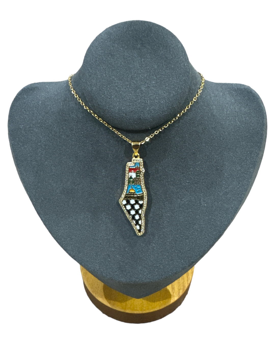 Architectural Elegance: Gold Palestine Map Necklace with Iconic Buildings & Keffiyeh Detail