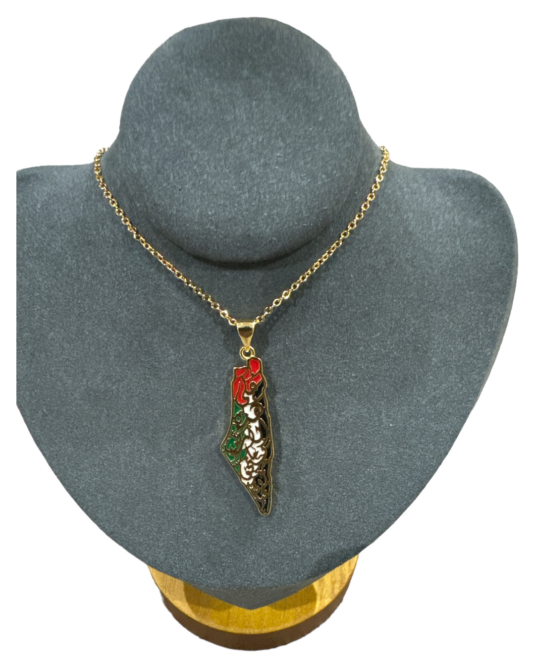 Calligraphy of Courage: Gold Palestine Map Necklace with Flag & Arabic Script