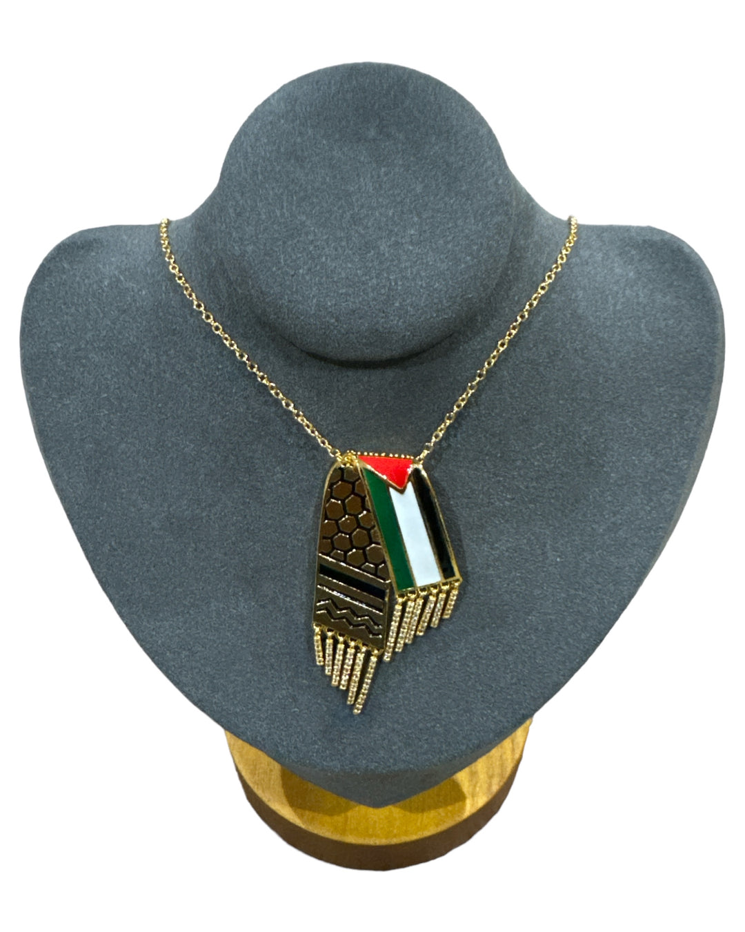 Unity & Tradition: Dual-Sided Gold Necklace with Palestine Flag & Keffiyeh Print