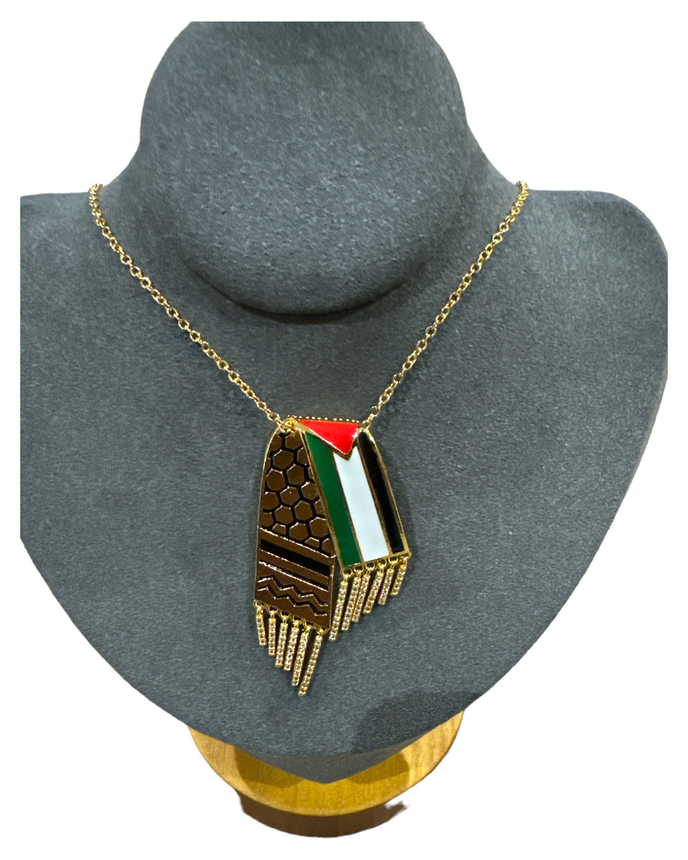 Unity & Tradition: Dual-Sided Gold Necklace with Palestine Flag & Keffiyeh Print