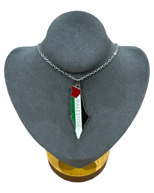 Patriotic Elegance: Stainless Steel Palestine Map Necklace with Flag Colors & English Inscription