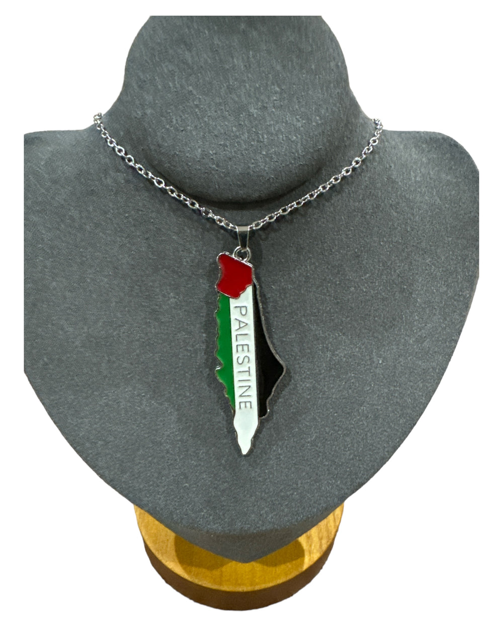 Élégance patriotique : collier carte de la Palestine en acier inoxydable avec couleurs du drapeau et inscription en anglais