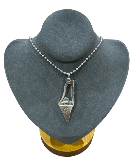 Divine Harmony: Stainless Steel Palestine Map Necklace with Dome of the Rock & Arabic Calligraphy