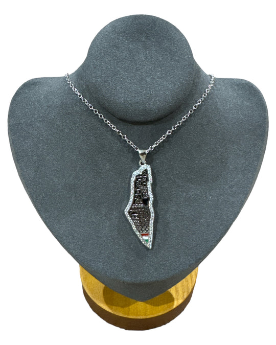 Landmarks of Pride: Stainless Steel Palestine Map Necklace with Iconic Places & Crystal Border