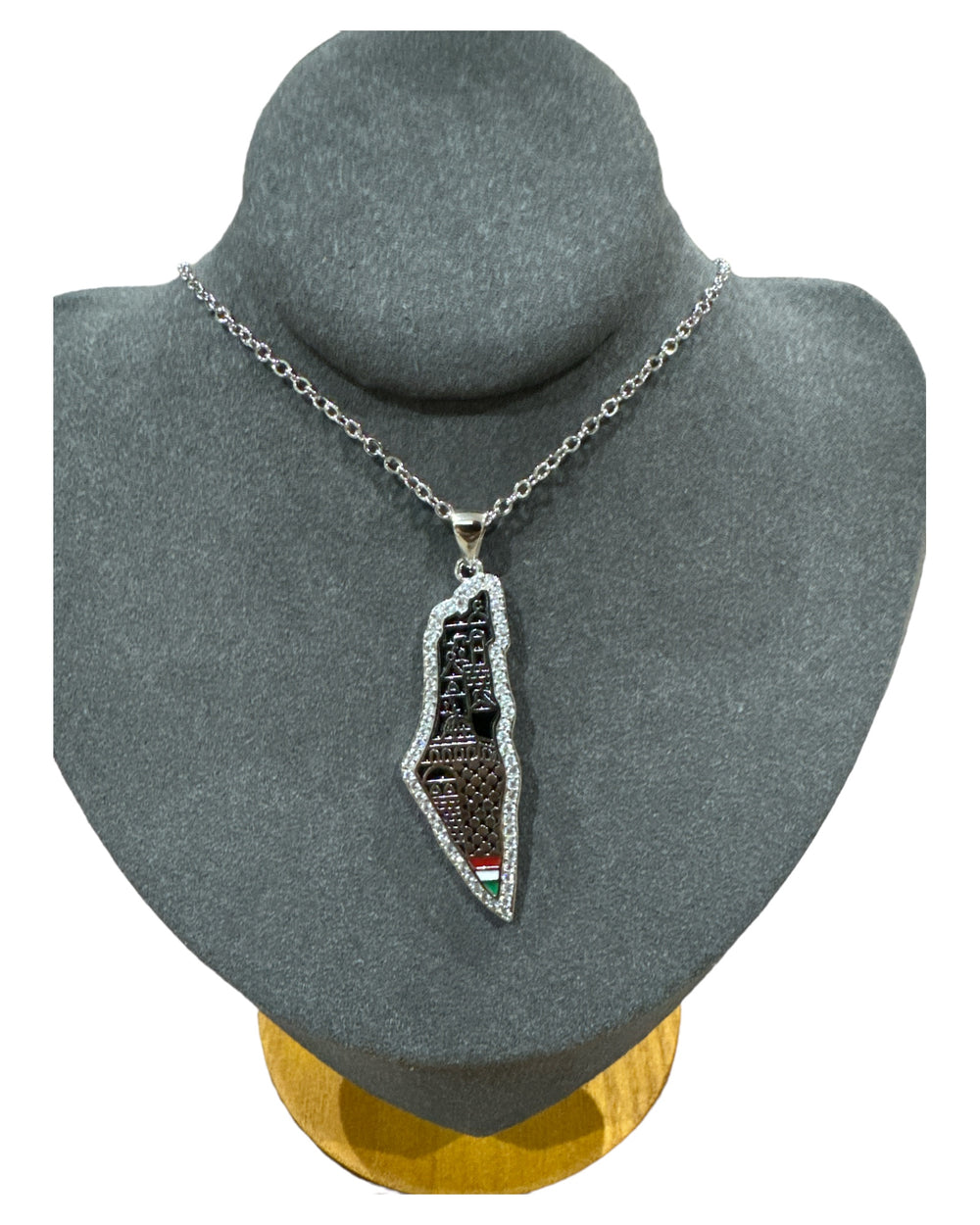Landmarks of Pride: Stainless Steel Palestine Map Necklace with Iconic Places & Crystal Border