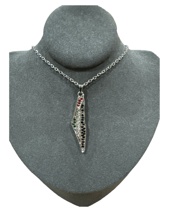 Couleurs de l'unité : Collier en argent avec carte de la Palestine et cristaux de couleur drapeau 