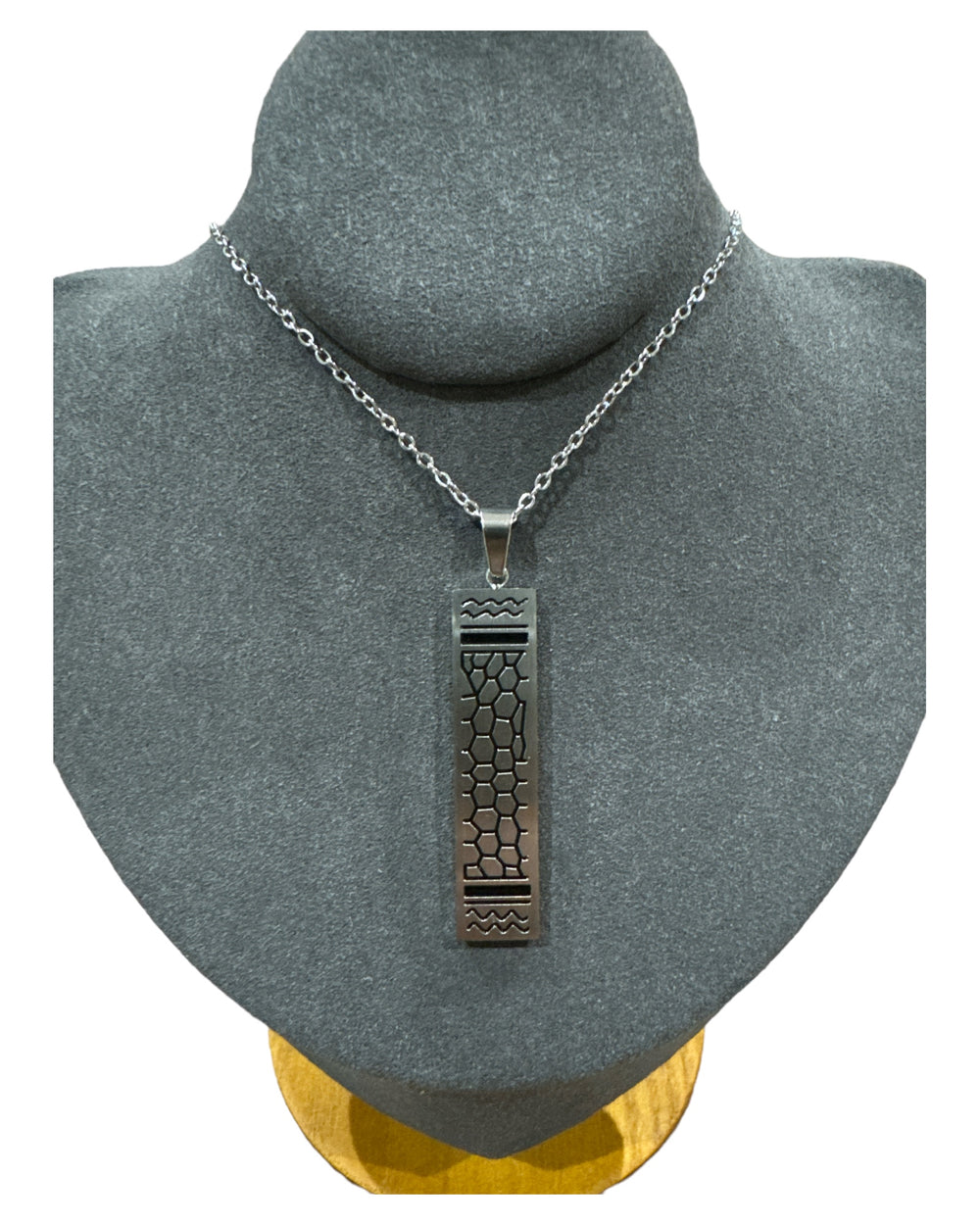Modern Elegance: Stainless Steel Rectangle Necklace with Black & Silver Keffiyeh Print