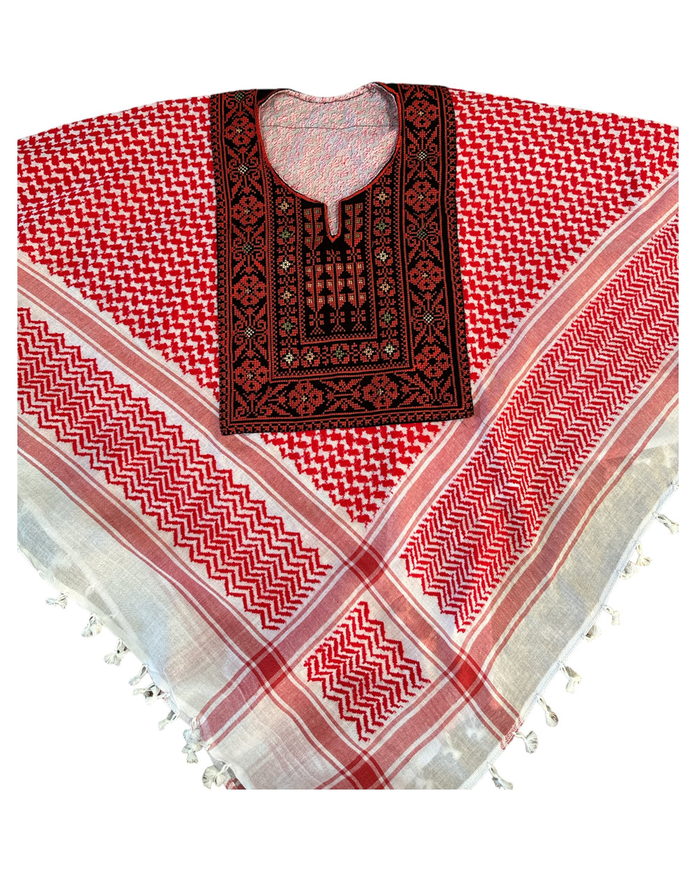 Hand Stitched Red & White Poncho with Keffiyeh design and Embroidery