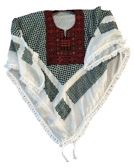 Hand Stitched Green & White Poncho with Keffiyeh design and Embroidery