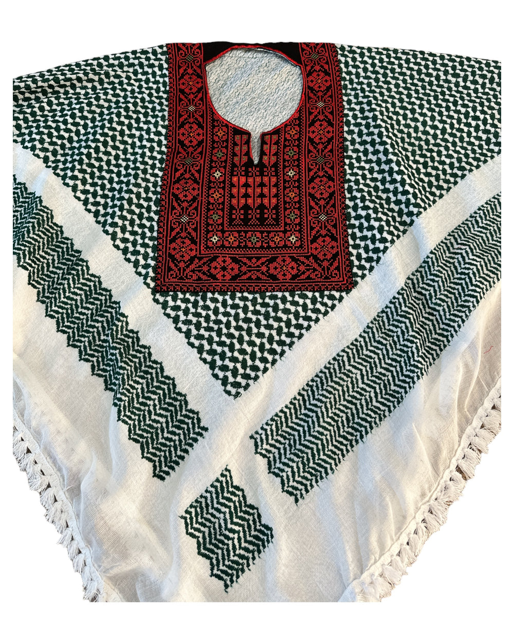 Hand Stitched Green & White Poncho with Keffiyeh design and Embroidery