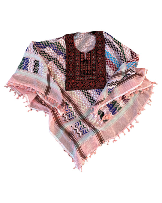 Hand Stitched Pink & Multi-Coloured Poncho with Keffiyeh design and Embroidery